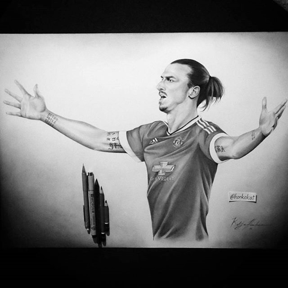 Kuvassa Katja Honkosen piirtämä muotokuva jalkapalloilija Zlatan Ibrahimovićista.