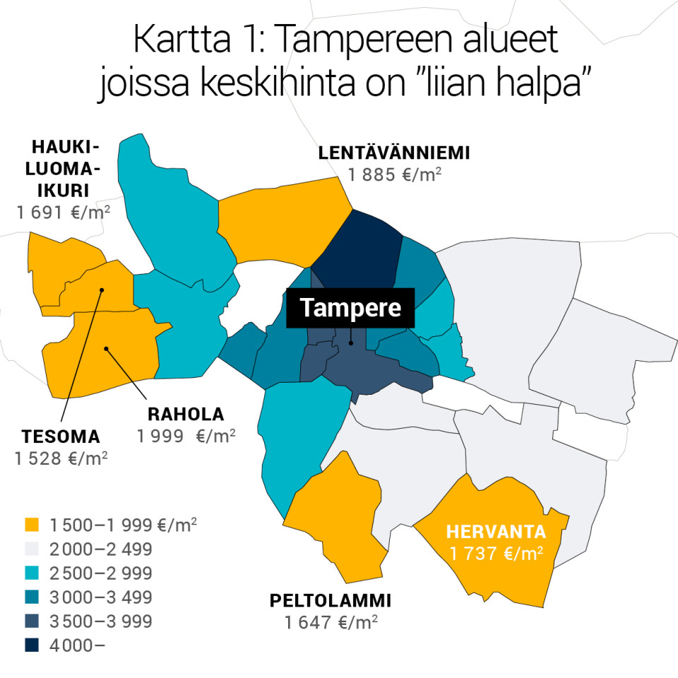 Kartta 1: Tampereen alueet joissa keskihinta on ”liian halpa”.
