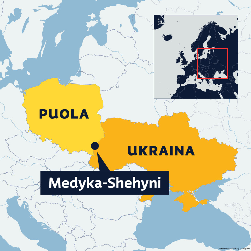 Karttaan merkattu Medyka-Shehyni Puolan ja Ukrainan rajalla.