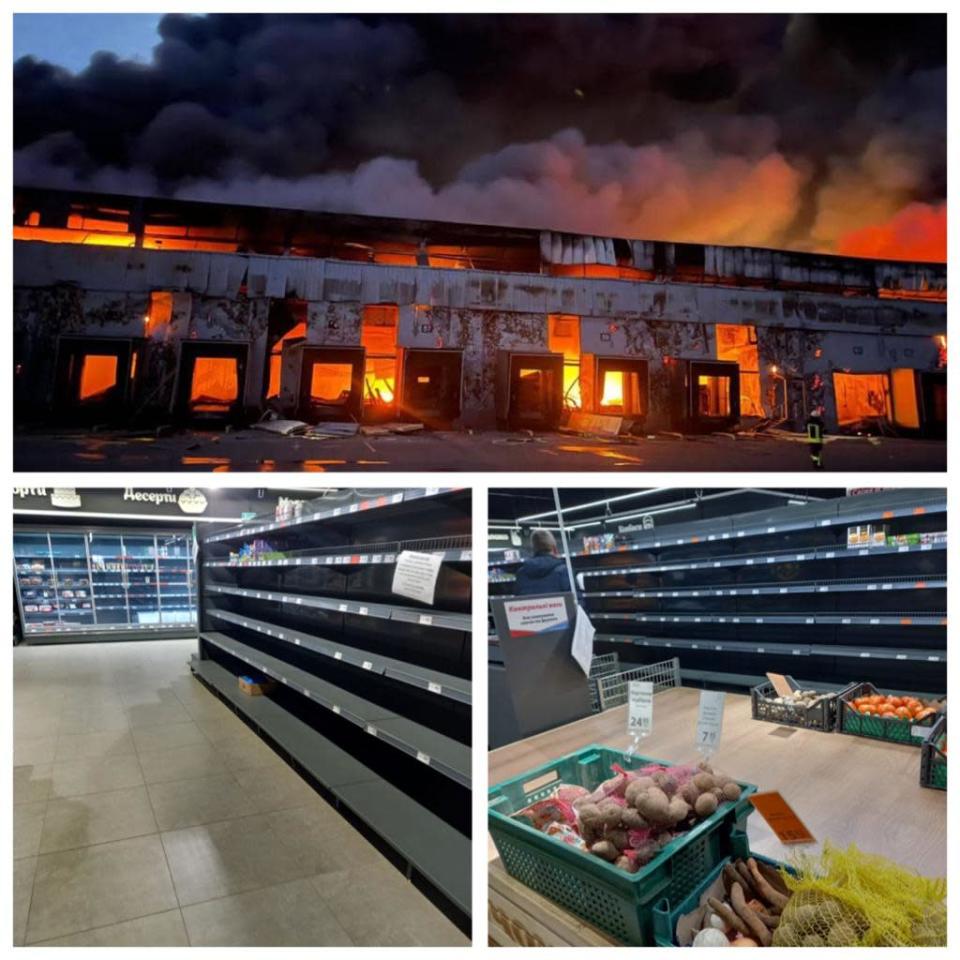 Ukrainasta paenneen maanviljelijän kuvia tukun tyhjistä hyllyistä ja tuhoutuneesta logistiikkakeskuksesta.