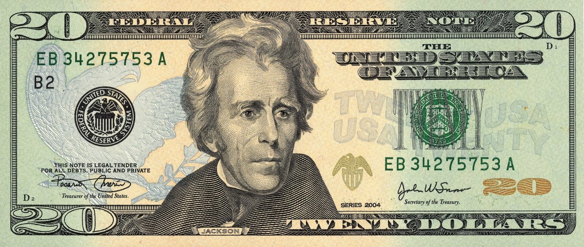 Andrew Jacksonin kuva koristaa 20 dollarin seteliä.