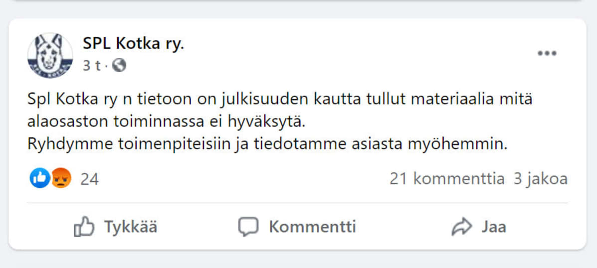 Kuvakaappaus SPL Kotka ry:n Facebook-päivityksestä