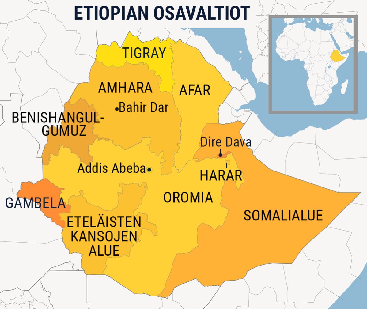 Kartta missä Etiopian osavaltiot
