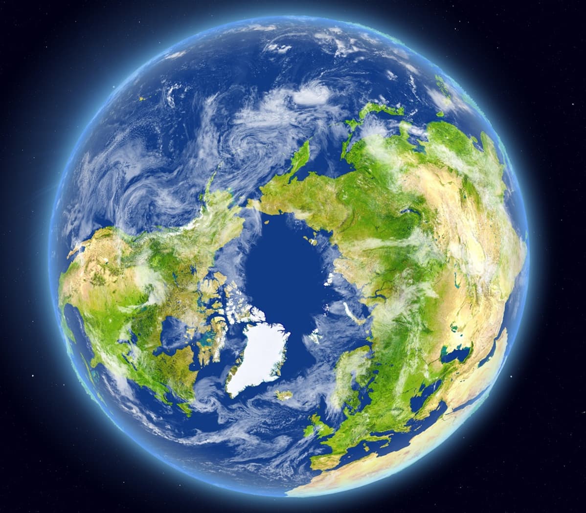 Satelliittikuva maapallosta niin, että pohjoisnapa on keskellä.