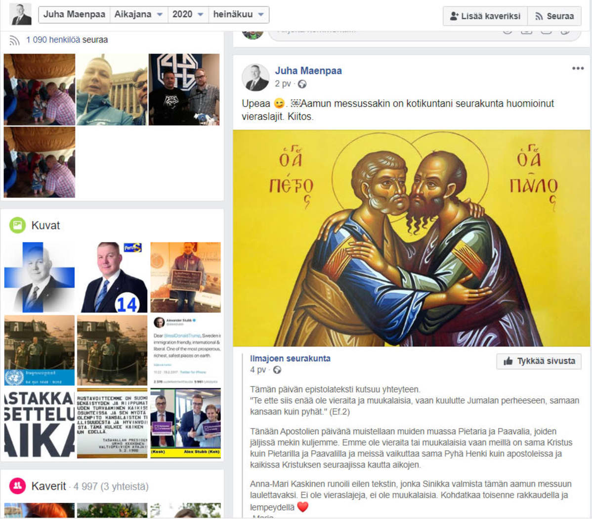 Kuvakaappaus Juha Mäenpään Facebook-sivusta, jossa hän kommentoi Ilmajoen seurakunnan Facebook-päivitystä sanoin: Upeaa. Aamun messussakin on kotikuntani seurakunta huomioinut vieraslajit. Kiitos.