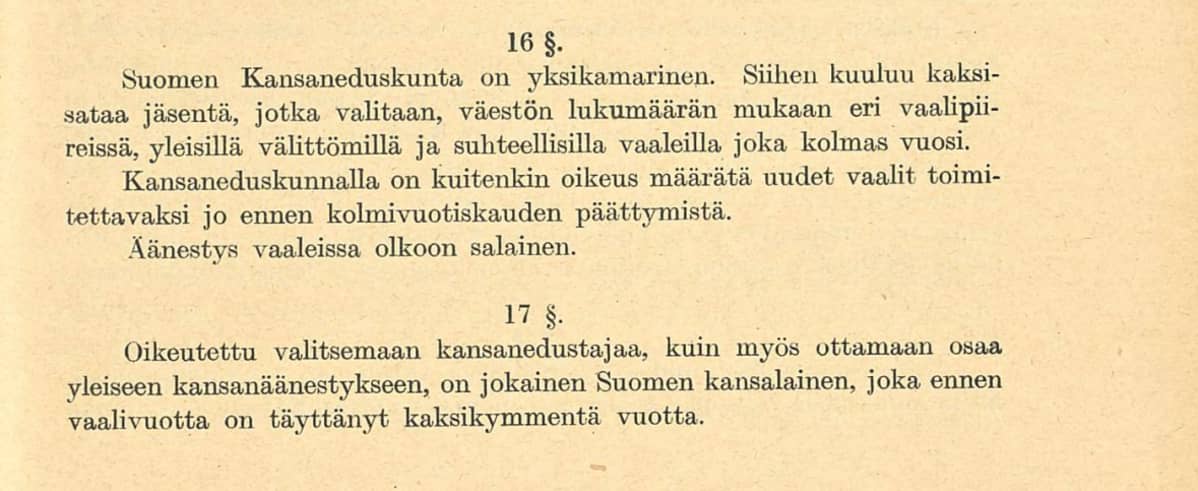 Valtiosääntöehdotus 1918 pykälät 16-17