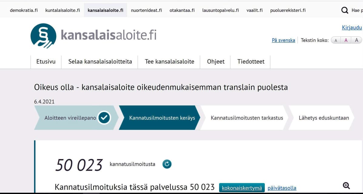 Sivukaappaus Kansalaisaloite.fi -sivustosta.