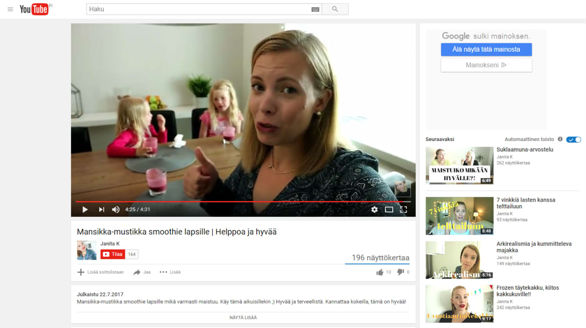 Kuvakaappaus Janita K:n tillltä Youtubesta.