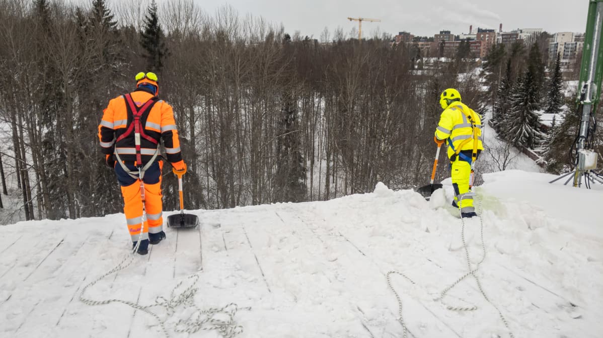 Kaksi lumenpudottajaa kolaa lunta reunan yli.