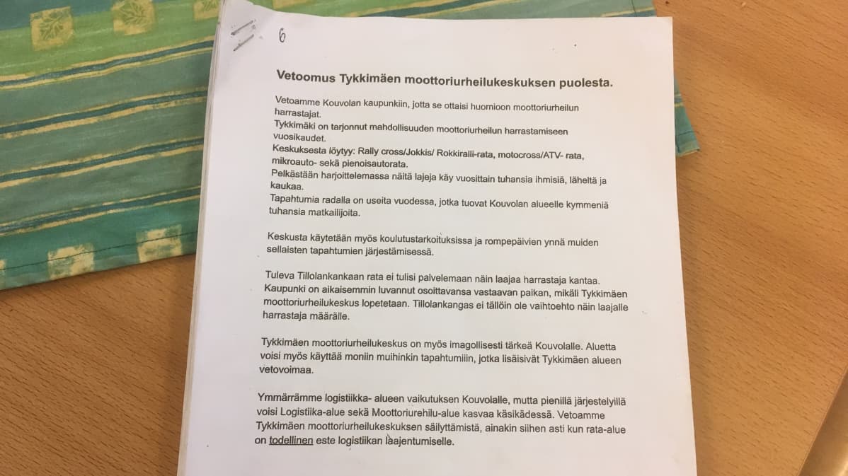 Tykkimäen moottoriurheilukeskuksen puolesta on kerätty nimiä vetoomukseen.