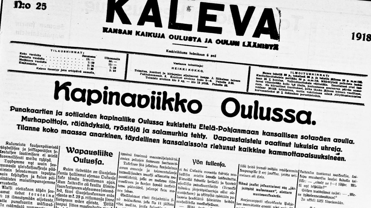 Ensimmäisen Oulun valtauksen jälkeen ilmestyneen Kalevan etusivu 6. helmikuuta 1918.