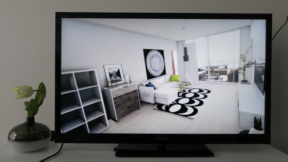 Asunnon virtuaalimalli television ruudulla.