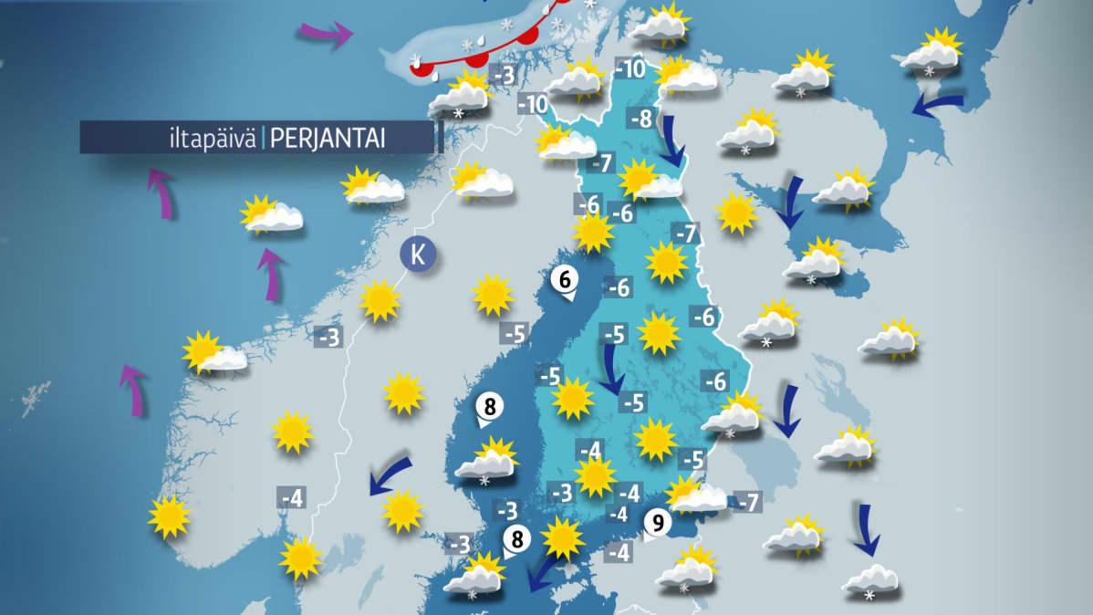 Päivän sääennuste perjantaille 16. maaliskuuta.