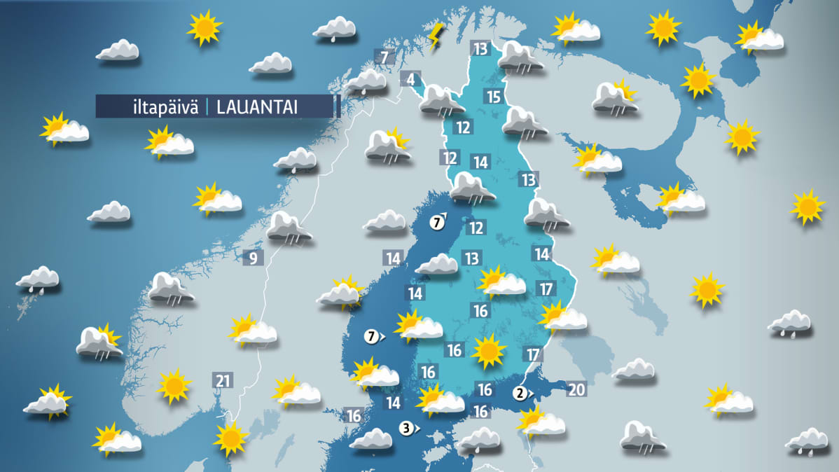Juhannuspäivän sääkartta.