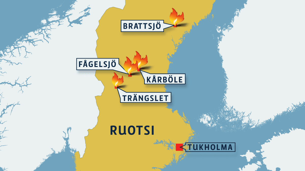 ruotsin metsäpalo kartta Salamointi lietsoo Ruotsin metsäpaloja – lisää syttyi päivän 