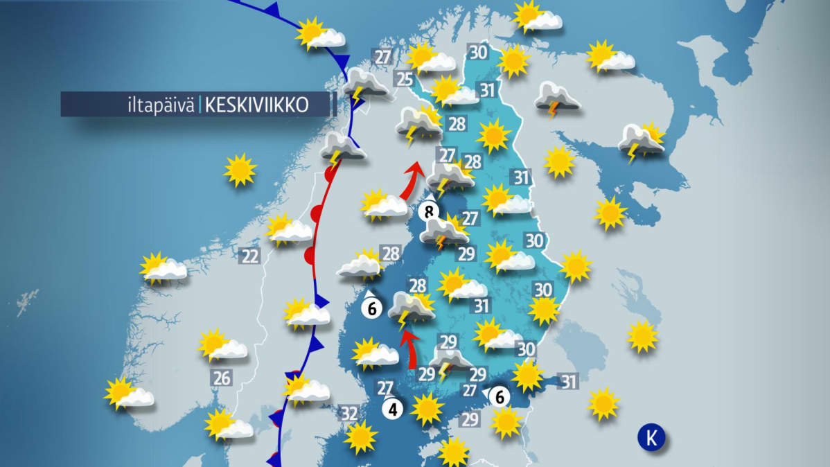 Sääennuste keskiviikolle 1. elokuuta.