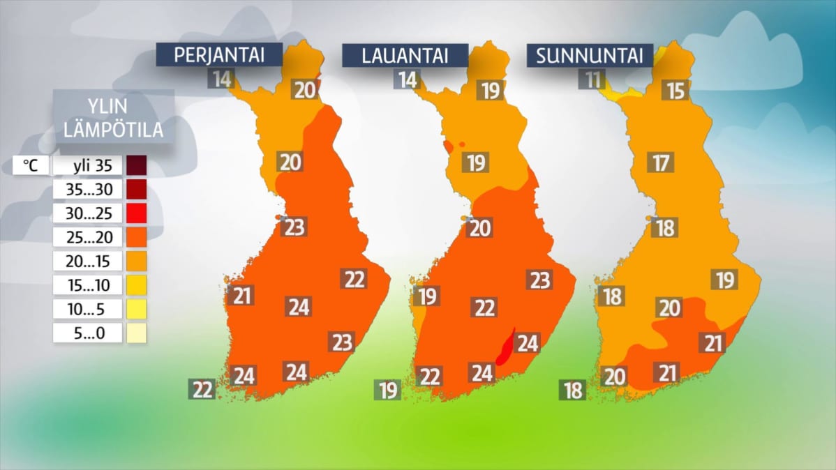 Perjantain, lauantain ja sunnuntain sääennustegrafiikkaa.