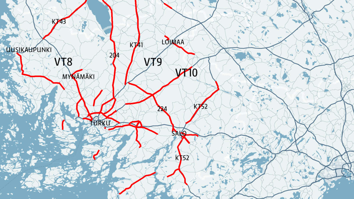 Korkeimpaan talvihoitoluokkaan siirtyvät tiet Varsinais-Suomessa.
