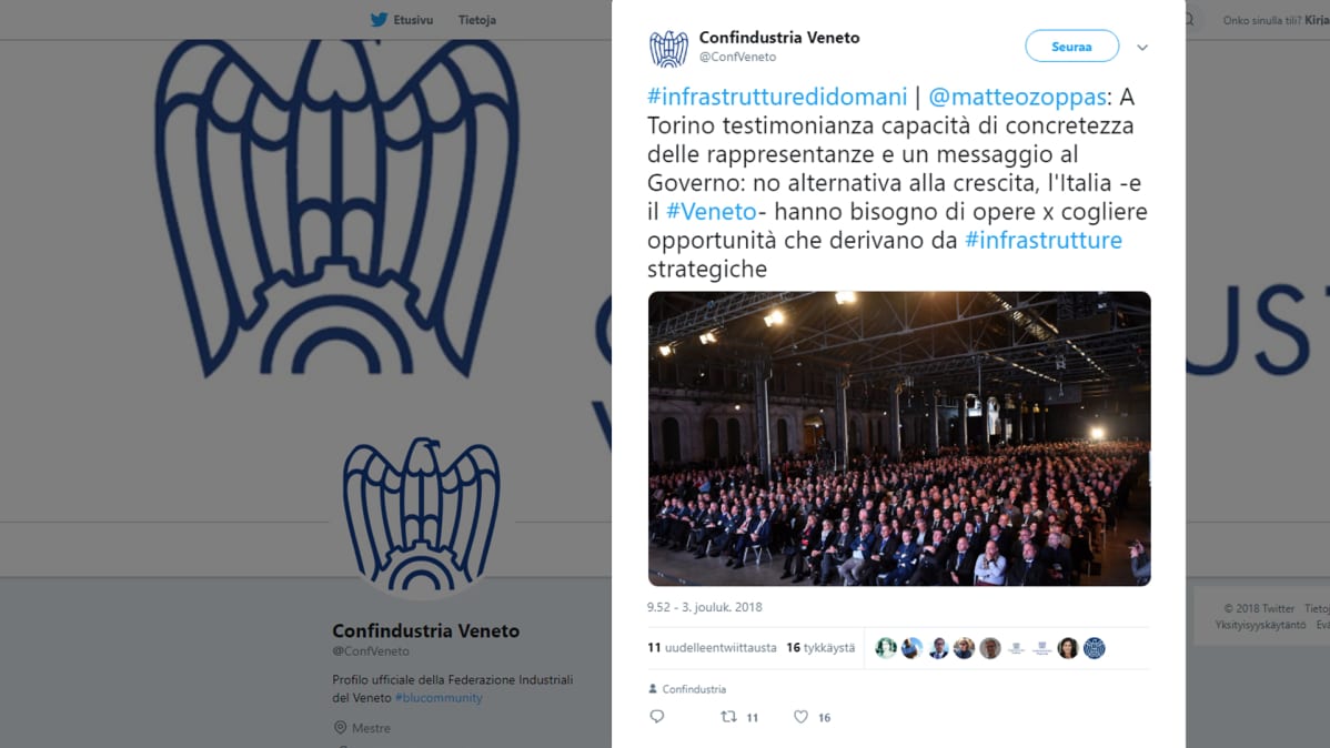 Kuvakaappaus Confindustrian Twitter-tililtä.