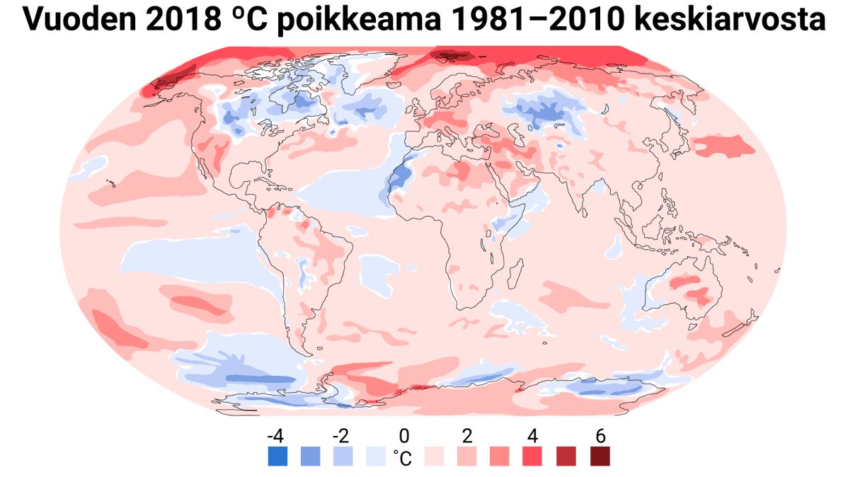 Vuoden 2018 lämpötilan poikkeama jakson 1981–2010 keskiarvosta.