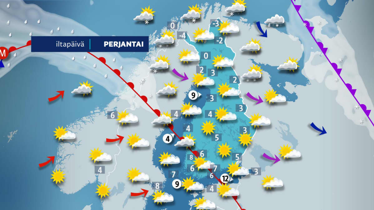 Perjantain sääkartta.