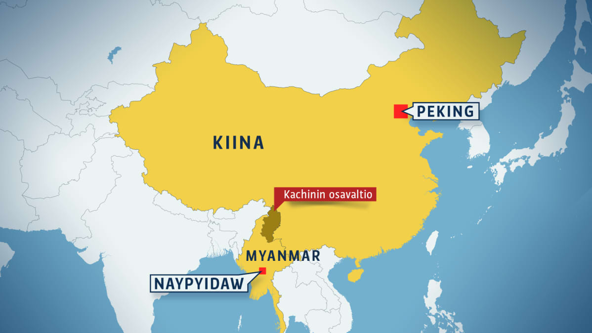 Kaakkois-Aasian kartta, josta näkyy Kachinin osavaltion sijainti lähellä Kiinan rajaa.