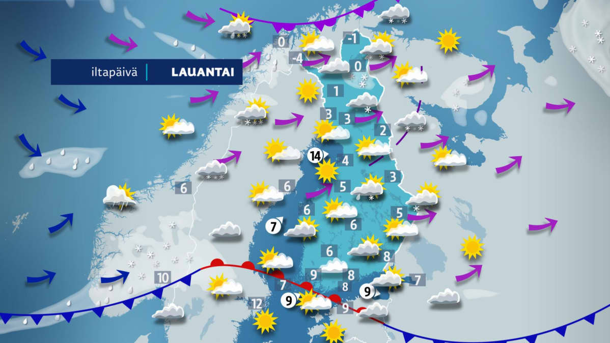 Sääkartta lauantaille 30. maaliskuuta.
