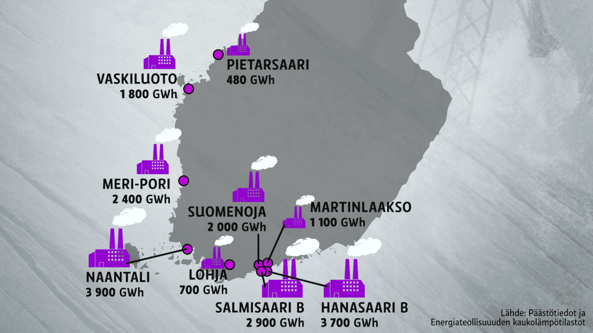Kartta kivihiiltä polttavista voimaloista Suomessa.