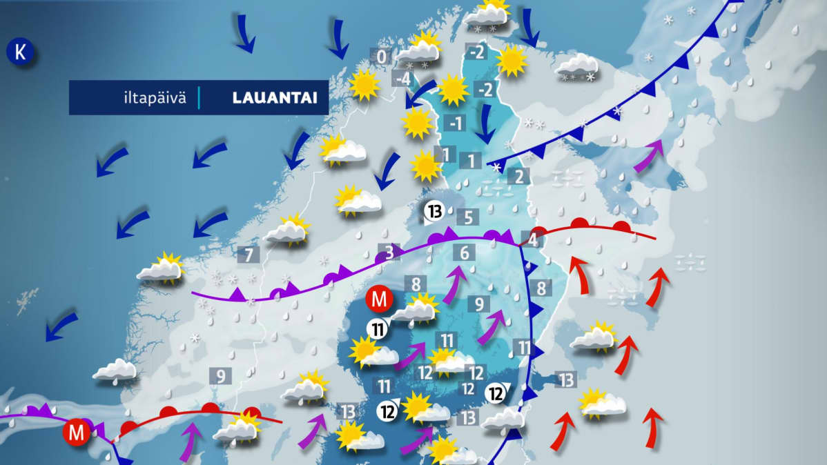 Lauantai iltapäivän sääkartta.