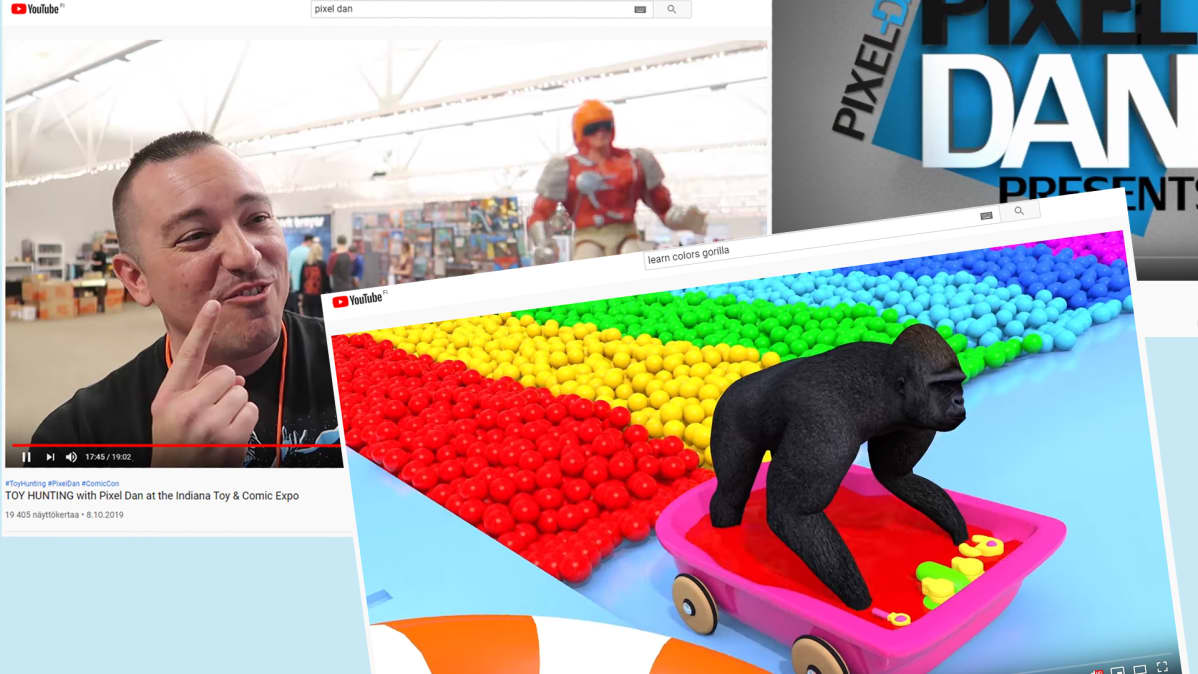 Kuvakaappauksia Pixel Danin ja Learn Colors Gorilla videoista