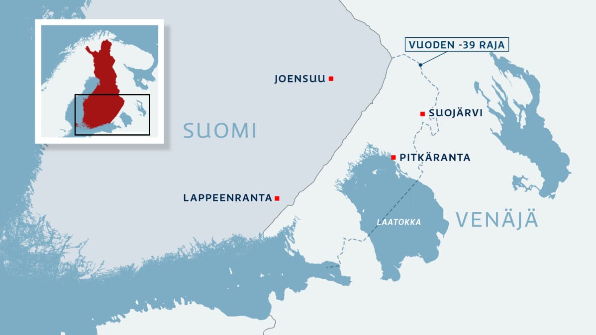 Kartassa osa Suomea ja Venäjää, Suojärvi ja Pitkäranta sekä vuoden 1939 raja.