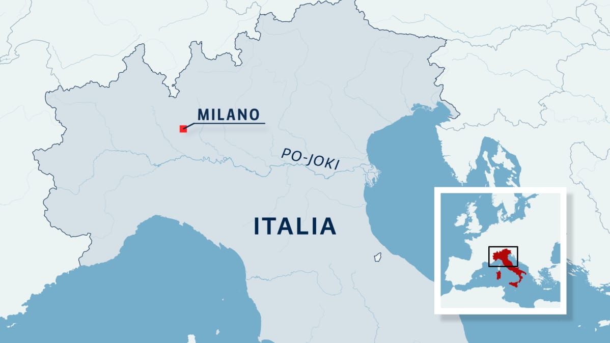 Iltalian pohjoisosan kartta, Po-joki ja Milanon kaupunki