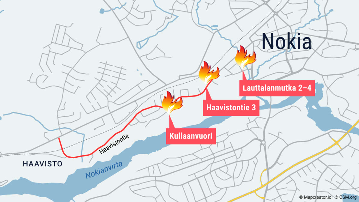 Kartta Nokian tulipaloista.