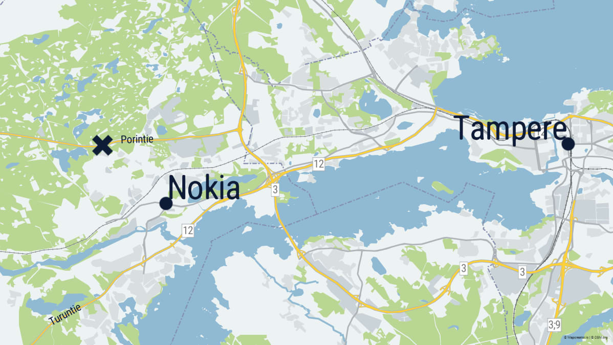 Kartta jossa ruksilla ulosajon paikka