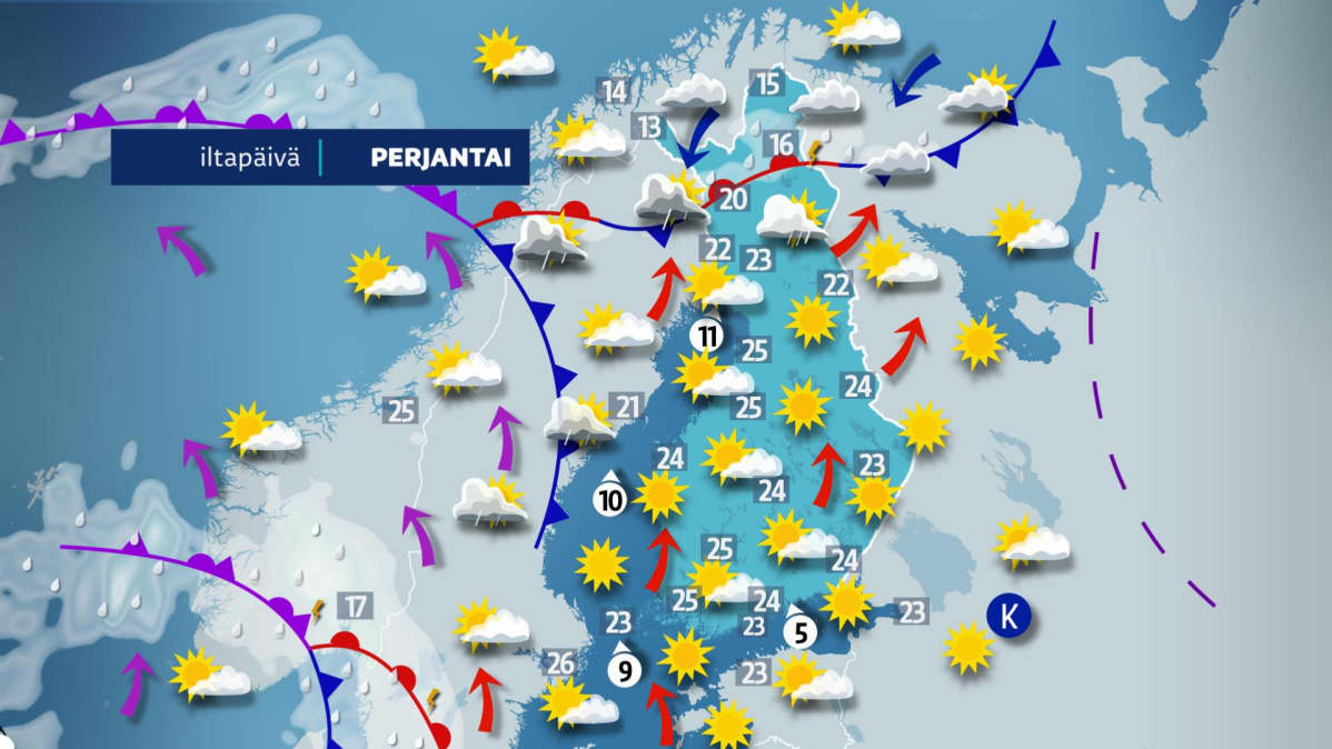 Perjantain iltapäivän sääkartta.