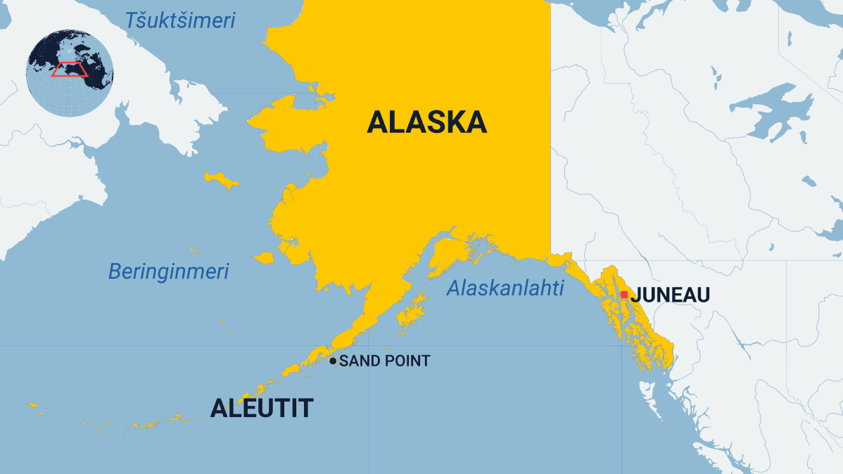 Kartassa näkyy on Aleutit-saaristo Alaskassa.