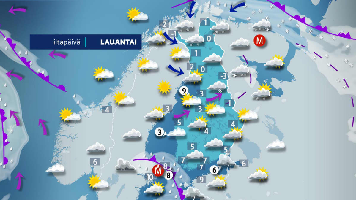 Kuvassa on lauantain sää.
