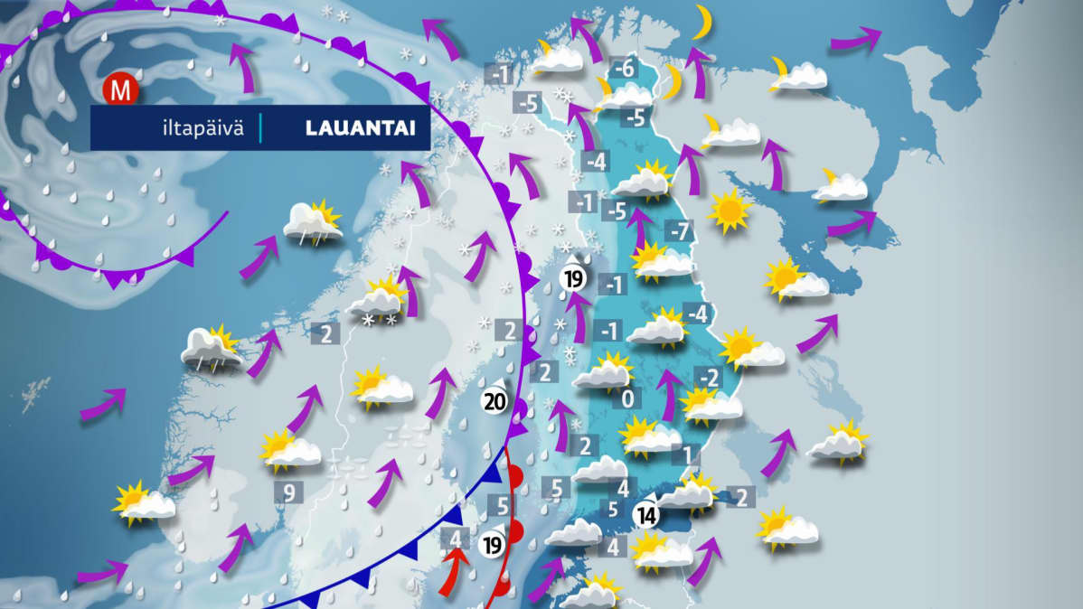 Lauantain sää on lännessä sateinen, idässä aurinkoinen.