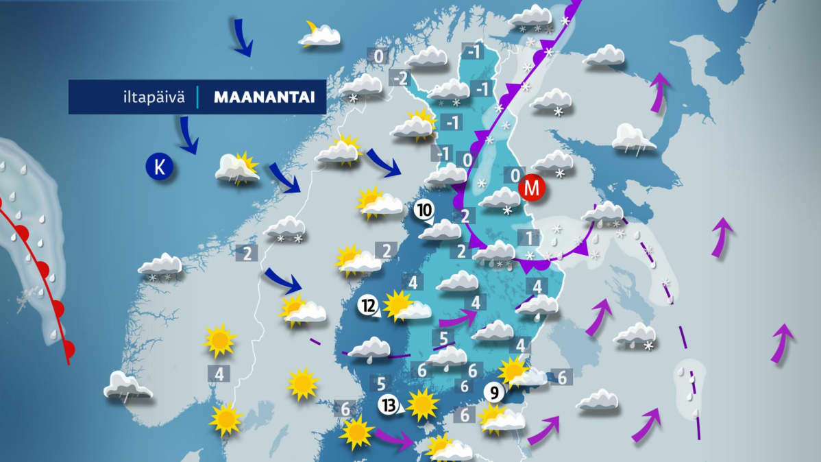Maanantain iltapäiväkartta.