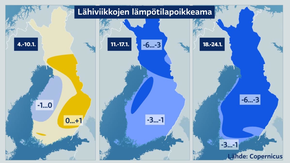 Lähiviikkojen lämpötilapoikkeama.