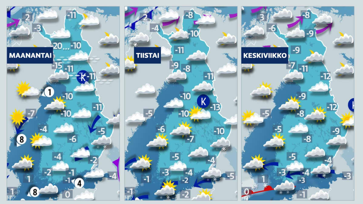 Kolmen vuorokauden sääkartat.