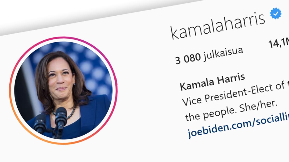 Kamala Harriksen Instagram-tilillä lukee määritelmä She/her.