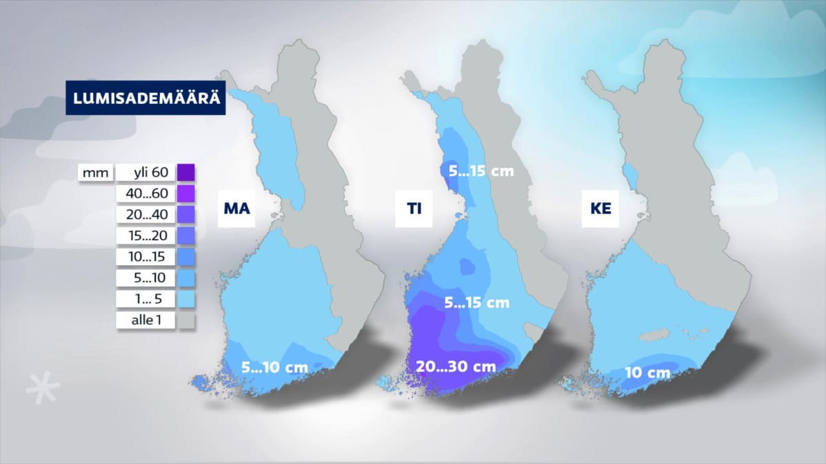 Sääkartat ennustetuista maanantain, tiistain ja keskiviikon lumisademääristä.