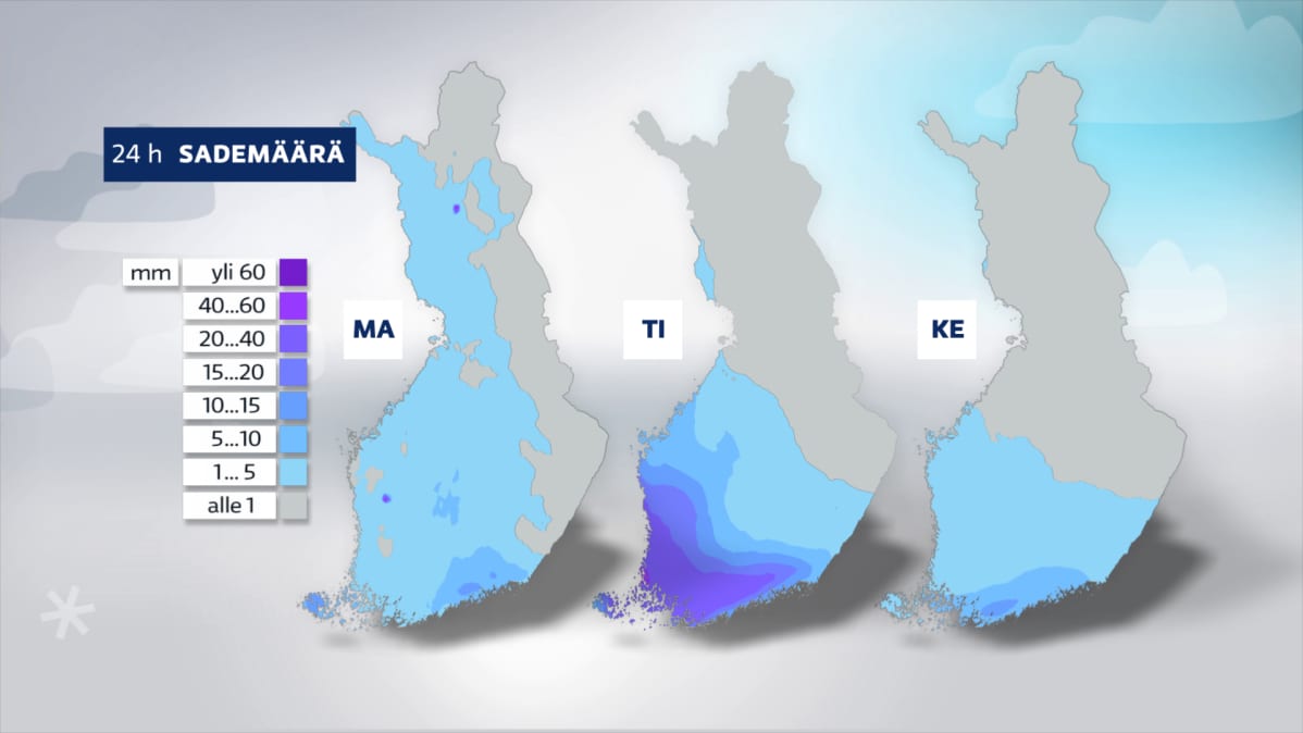 Grafiikka kolmen päivän lumisademääristä.