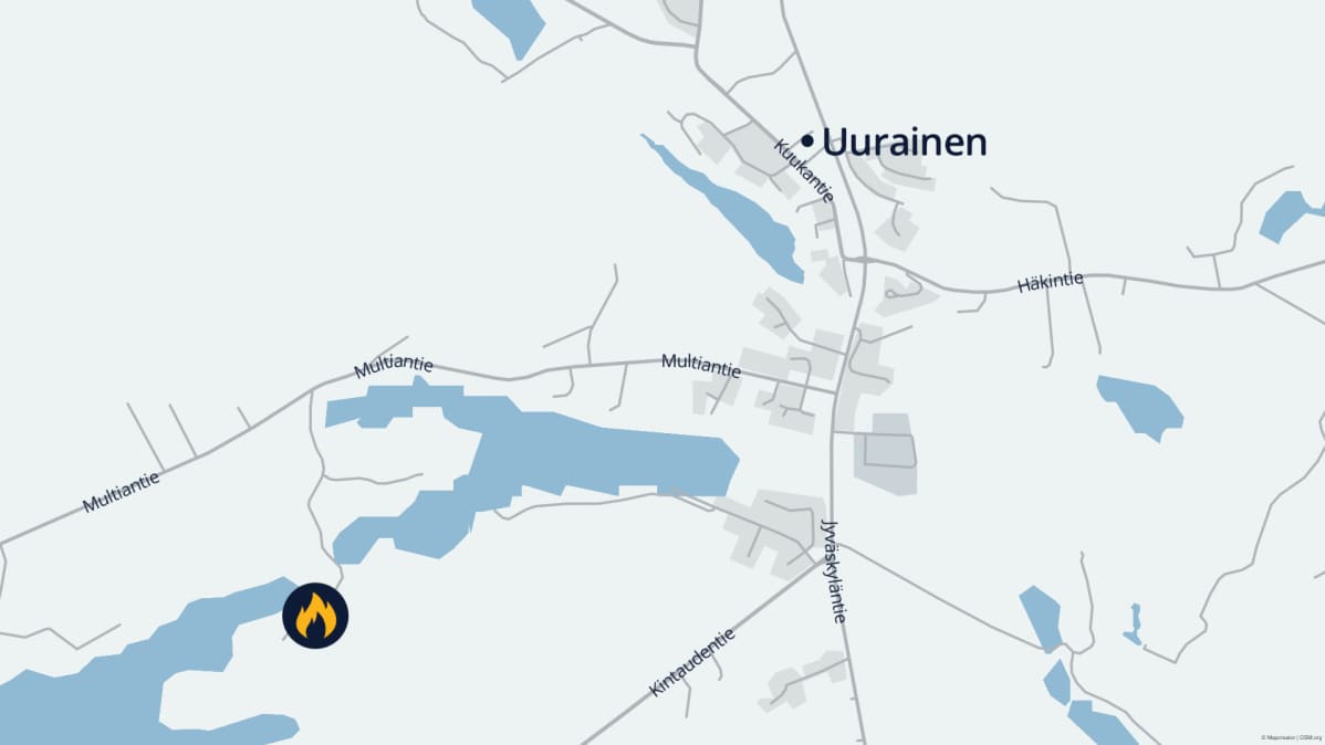 Kartta Uuraisten tulipaljon sijainnista.