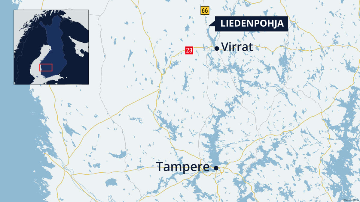 Kartta, josta näkyy Virtain ja Liedenpohjan sijainnit.