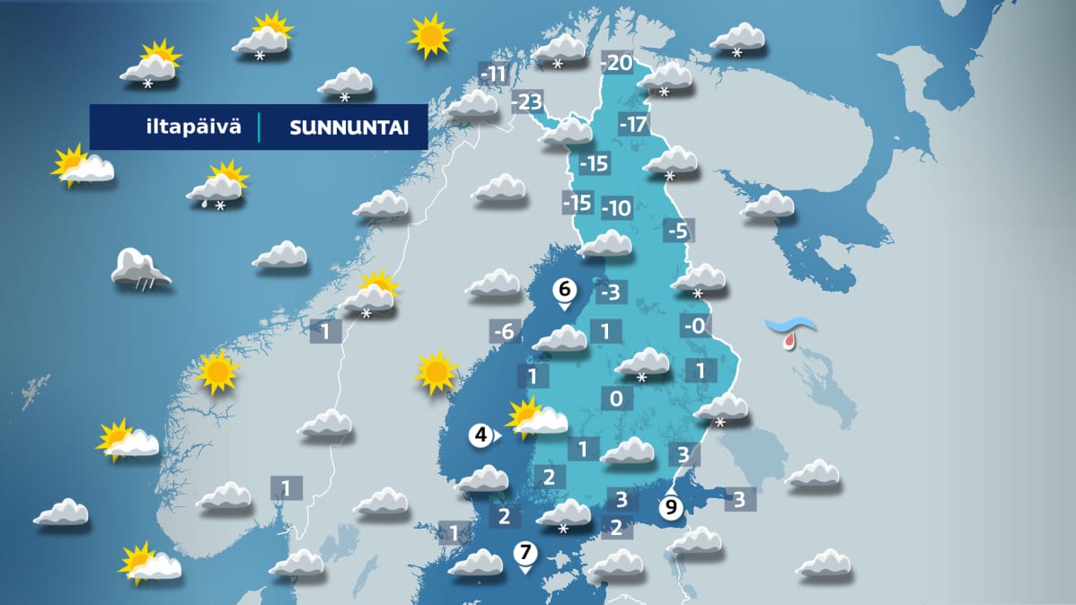 Sunnuntai-iltapäivän sää.