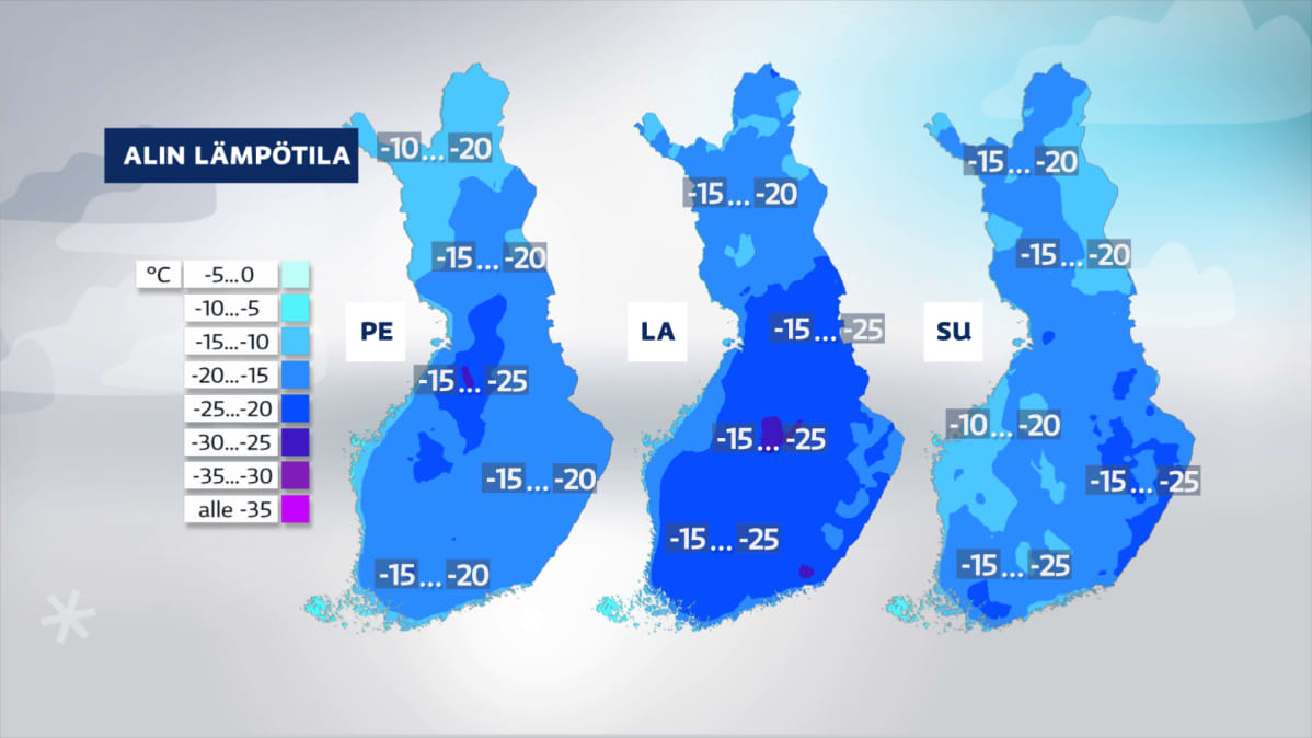 Loppuviikon kylmimmät lämpötilat Suomen kartalla.
