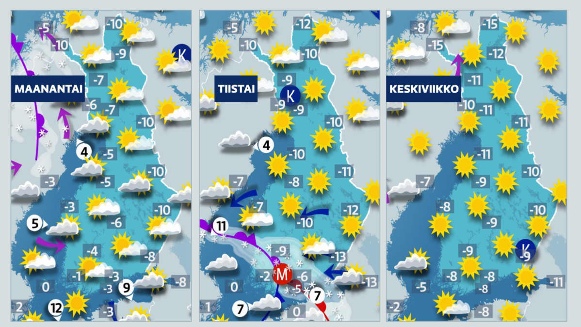Maanantain, tiistain ja keskiviikon sääennustekartat.