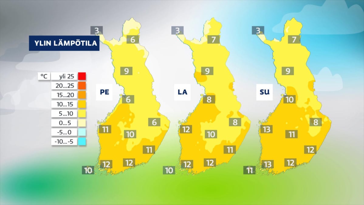 Perjantain, lauantain ja sunnuntain lämpötilat sääkartoilla.